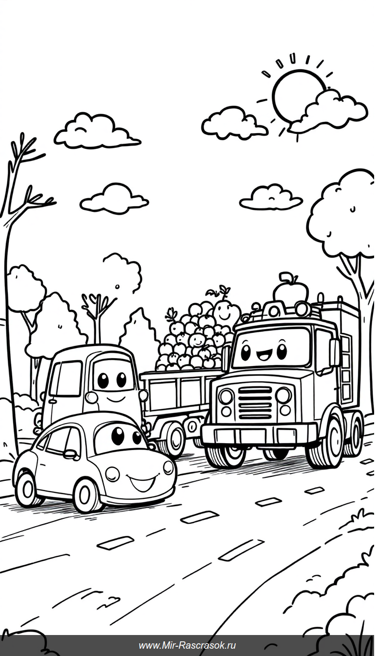 Дружелюбные машинки и фрукты в раскраске для малышей