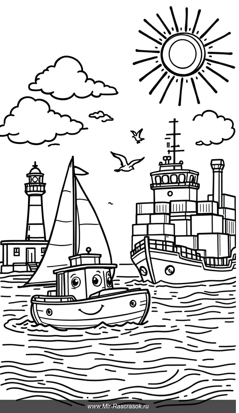 Дружелюбный порт для раскраски с улыбающейся лодкой и маяком