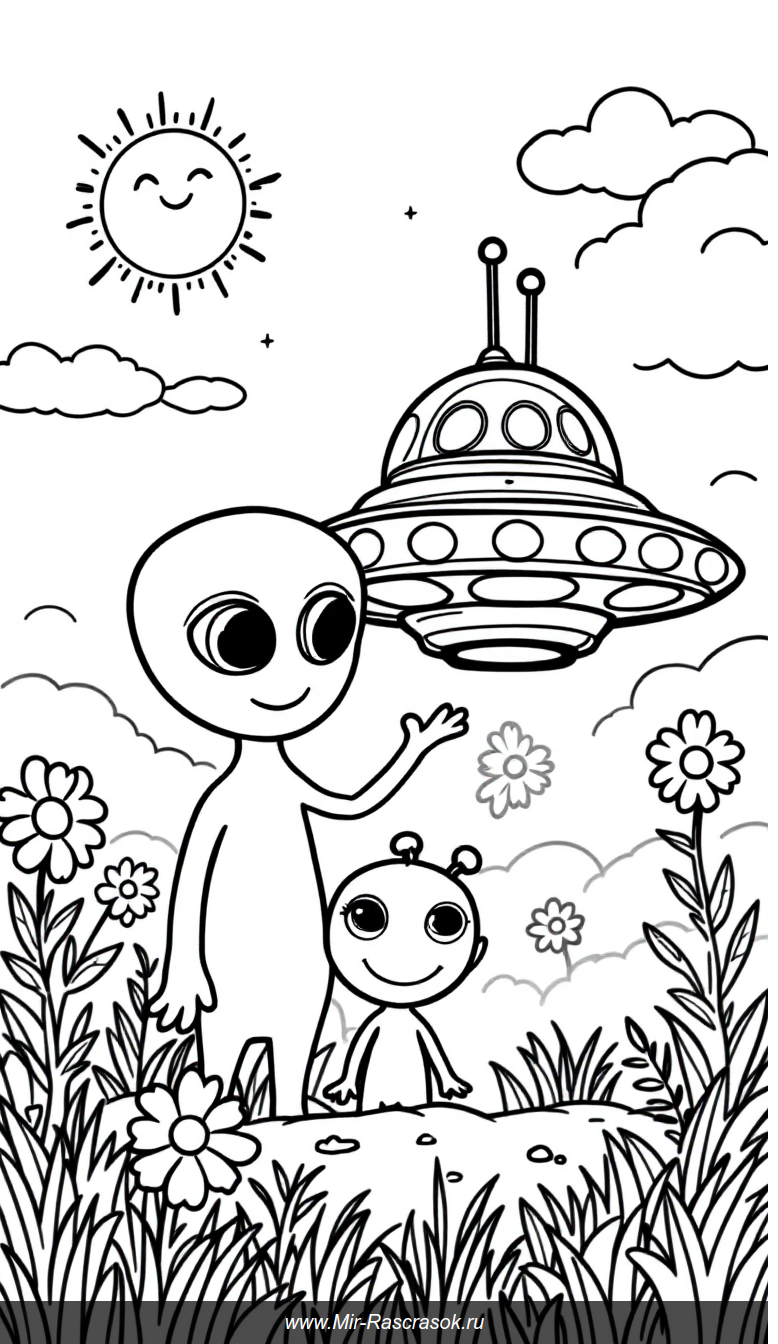 Дружная семья инопланетян и их летающая тарелка для детской раскраски
