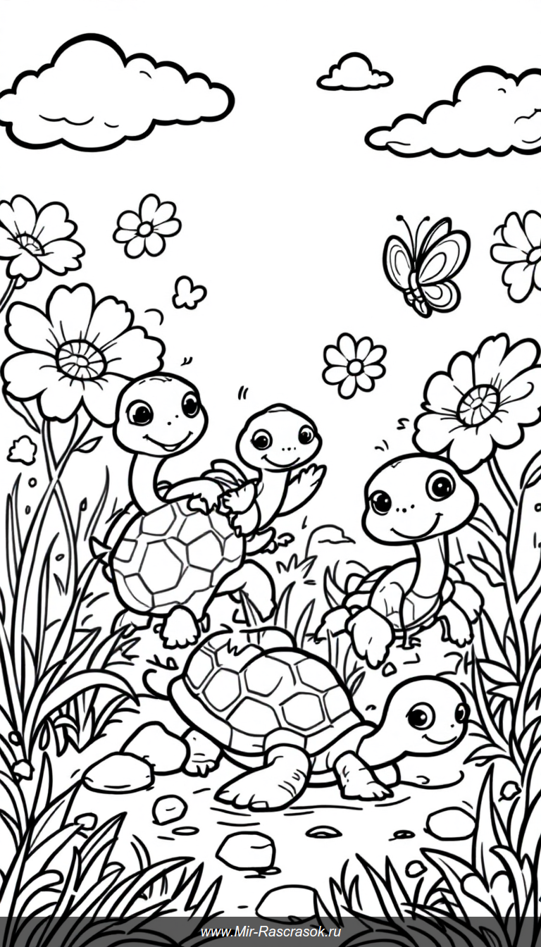 🌿 Встречайте весёлых черепашек для детской раскраски 🐢 Они играют на лугу среди цветов и бабочек, что помогает развить внимание и творческие способности 🖍️ Простые чёрно-белые линии идеально подходят для маленьких художников 🎨 Подарите ребёнку радость творчества и познакомьте с природой через раскраску 🌞