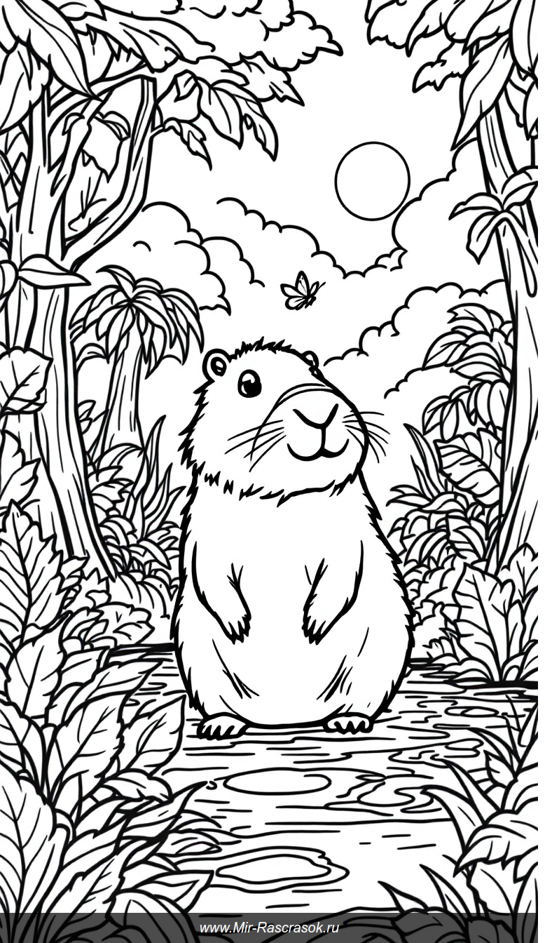 Дружелюбная капибара в джунглях для лёгкого и увлекательного раскрашивания