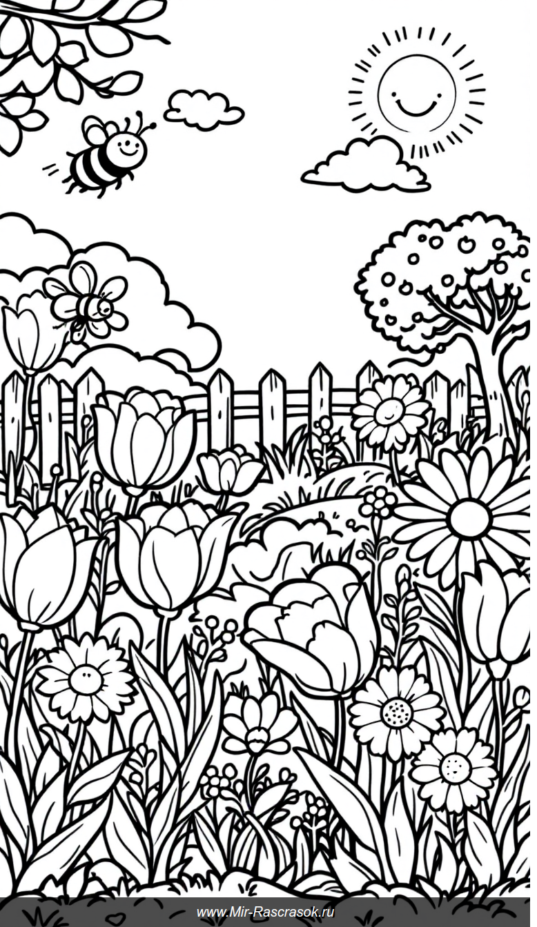 Веселая весенняя раскраска с большими цветами для детей