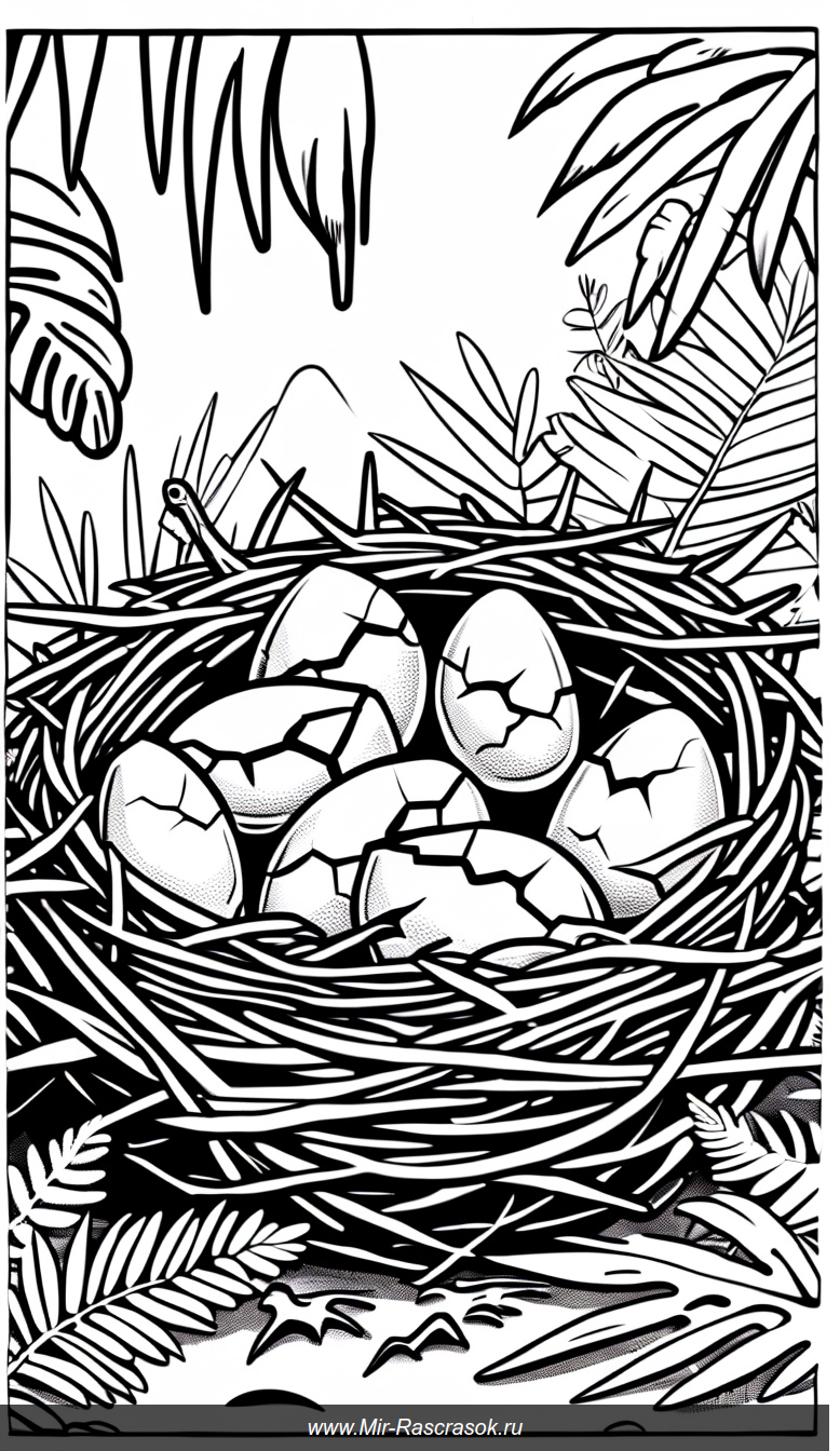 Раскраска с гнездом динозавров и детенышами среди джунглей