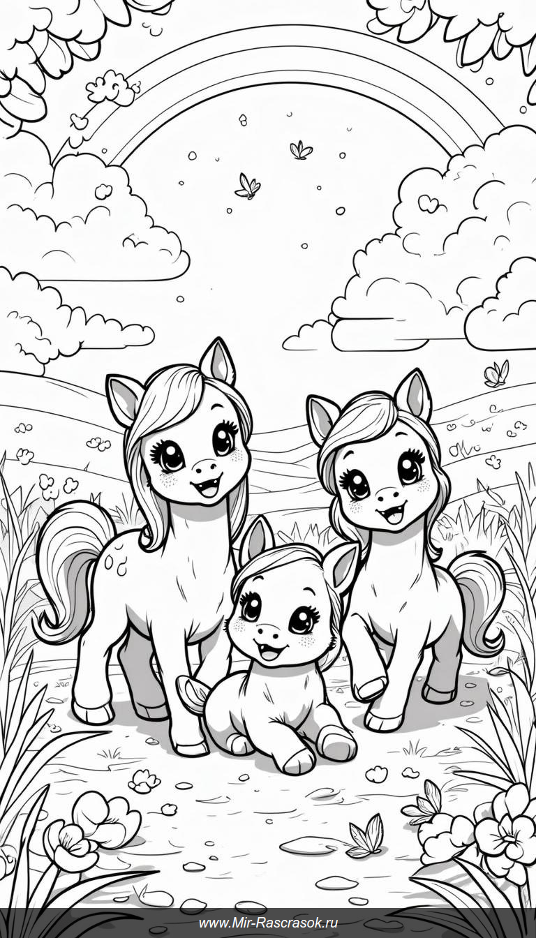 Три пони в цветущем лугу с радугой и бабочками