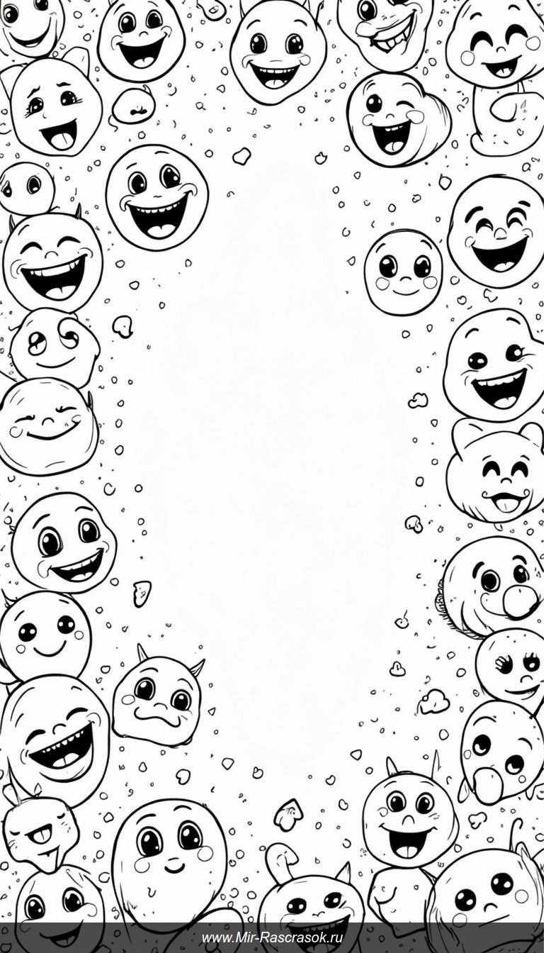 Раскраска с эмодзи в черно-белом карандашном стиле.