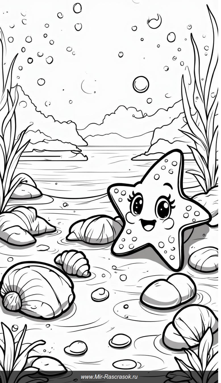Забавные приключения морской звезды на пляже в раскраске
