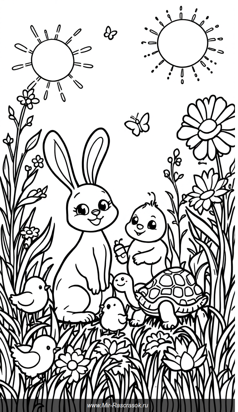 Веселая поляна для раскраски с зайчиком черепахой и животными