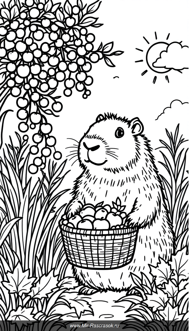Весёлый капибара с корзиной фруктов для раскрашивания детям