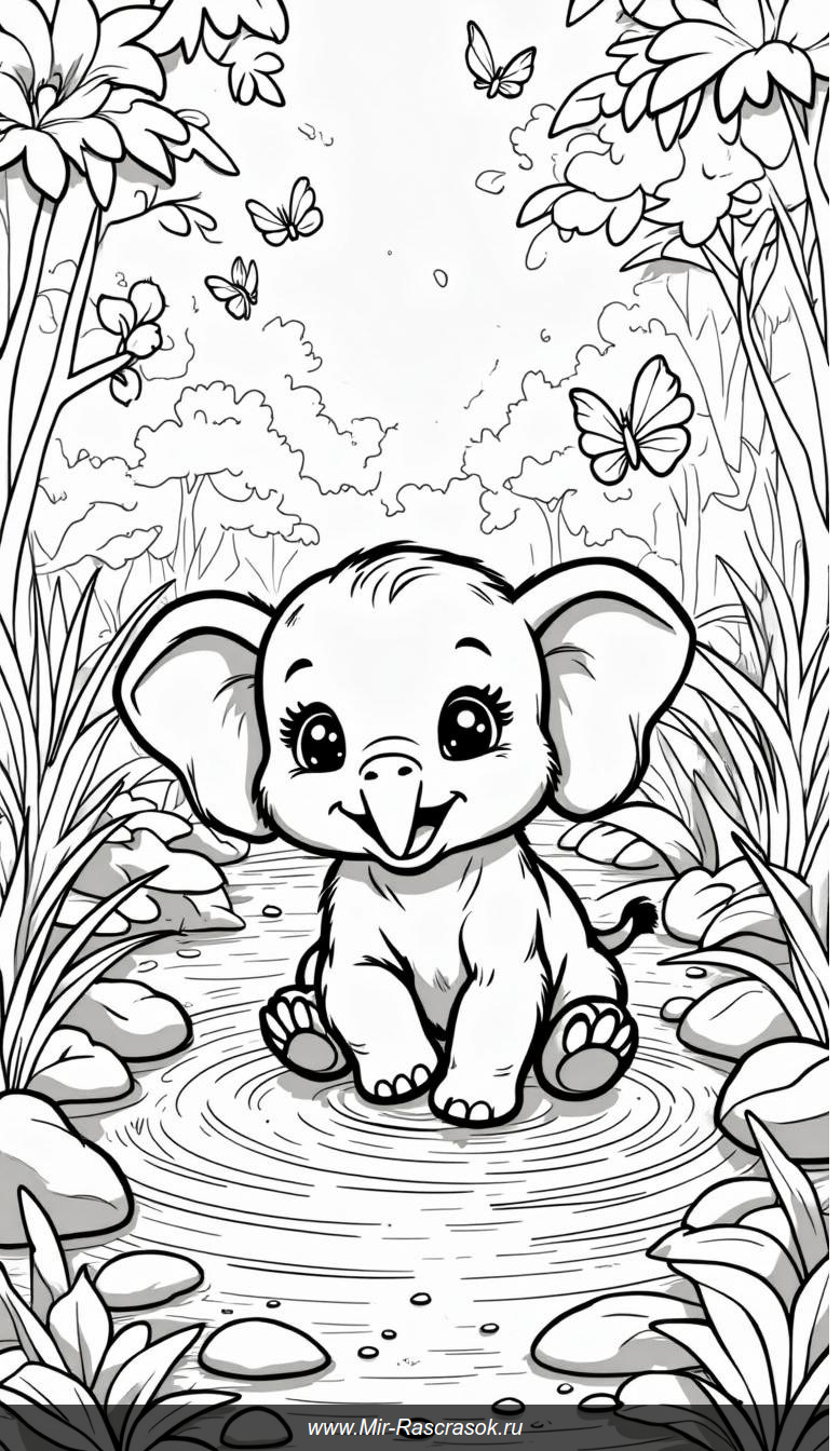 Играй и раскрашивай: Забавный слоненок в джунглях