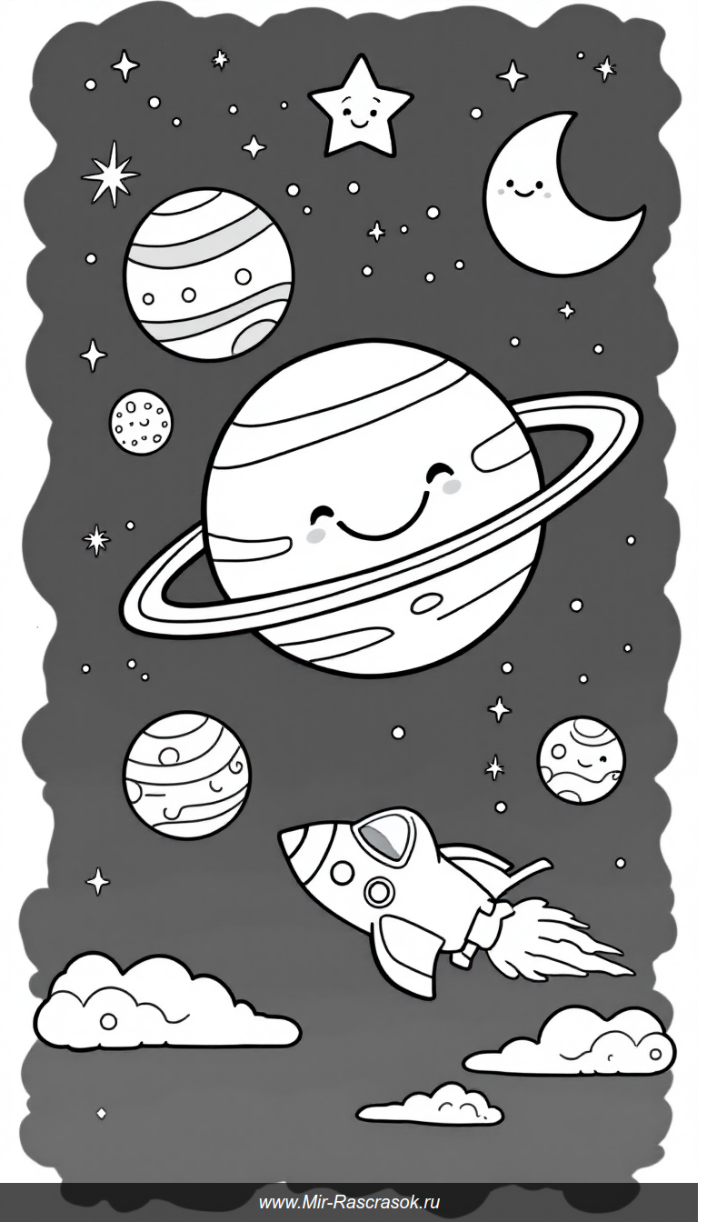 Веселое ночное небо для раскраски – планеты улыбки и звездные друзья