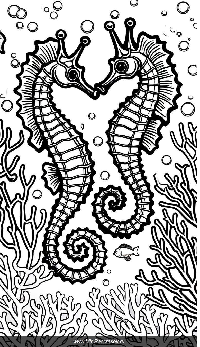 Раскраска с изящными морскими коньками и кораллами под водой