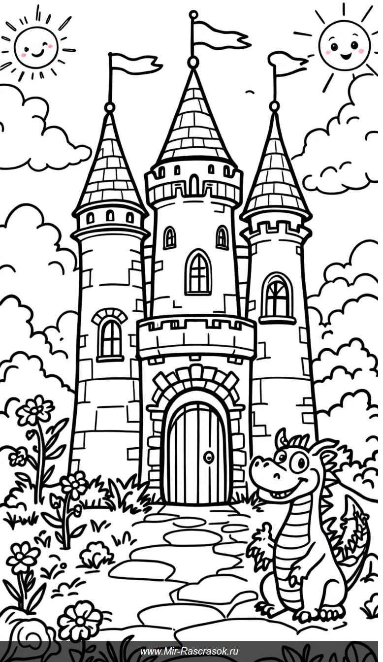 Веселый замок для раскрашивания с дружелюбным драконом и ярким солнцем