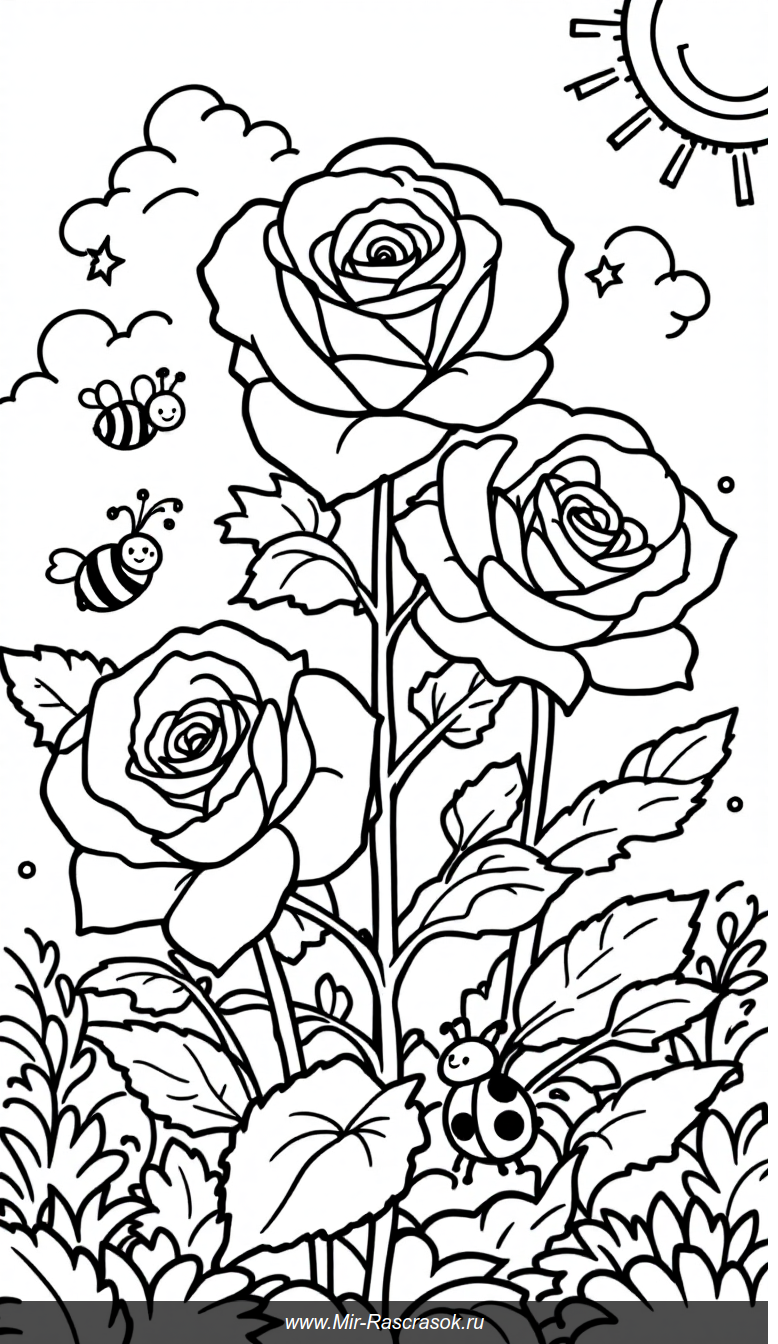 Весёлый сад: розы, пчёлки и божья коровка для раскрашивания