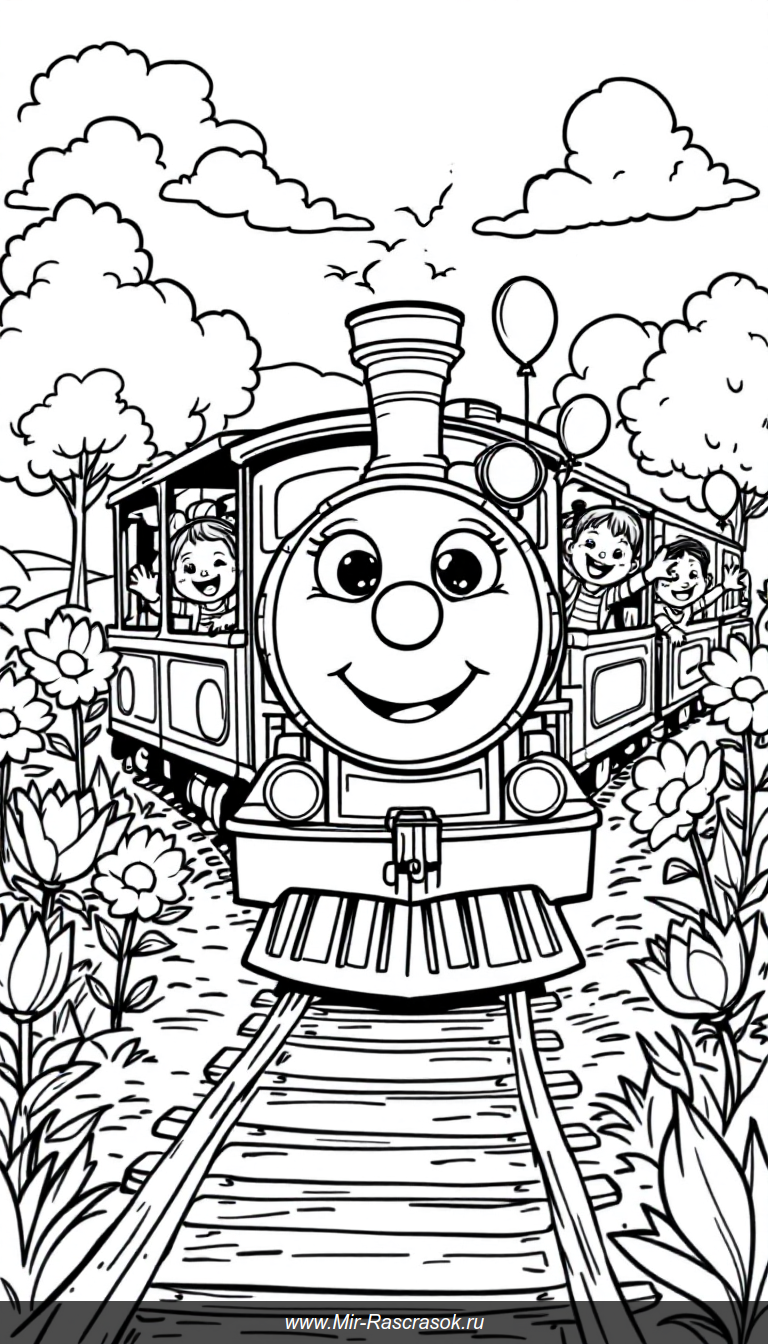 Веселый поезд в стране чудес раскраска для детского творчества