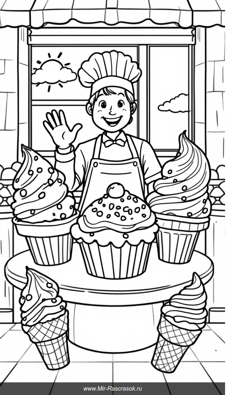 Веселая пекарня с кексами и мороженым для раскрашивания детьми