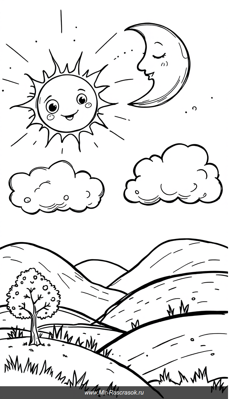 Раскраска с улыбающимся солнцем и сонной луной в волшебном небе