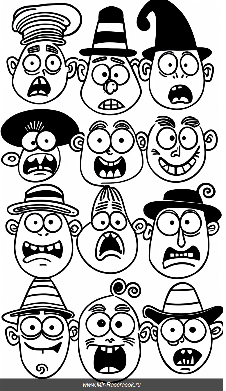 Веселые раскраски с забавными лицами и большими глазами