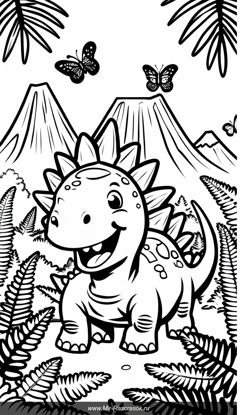 Весёлый Стегозавр в доисторическом лесу Раскраска для детей