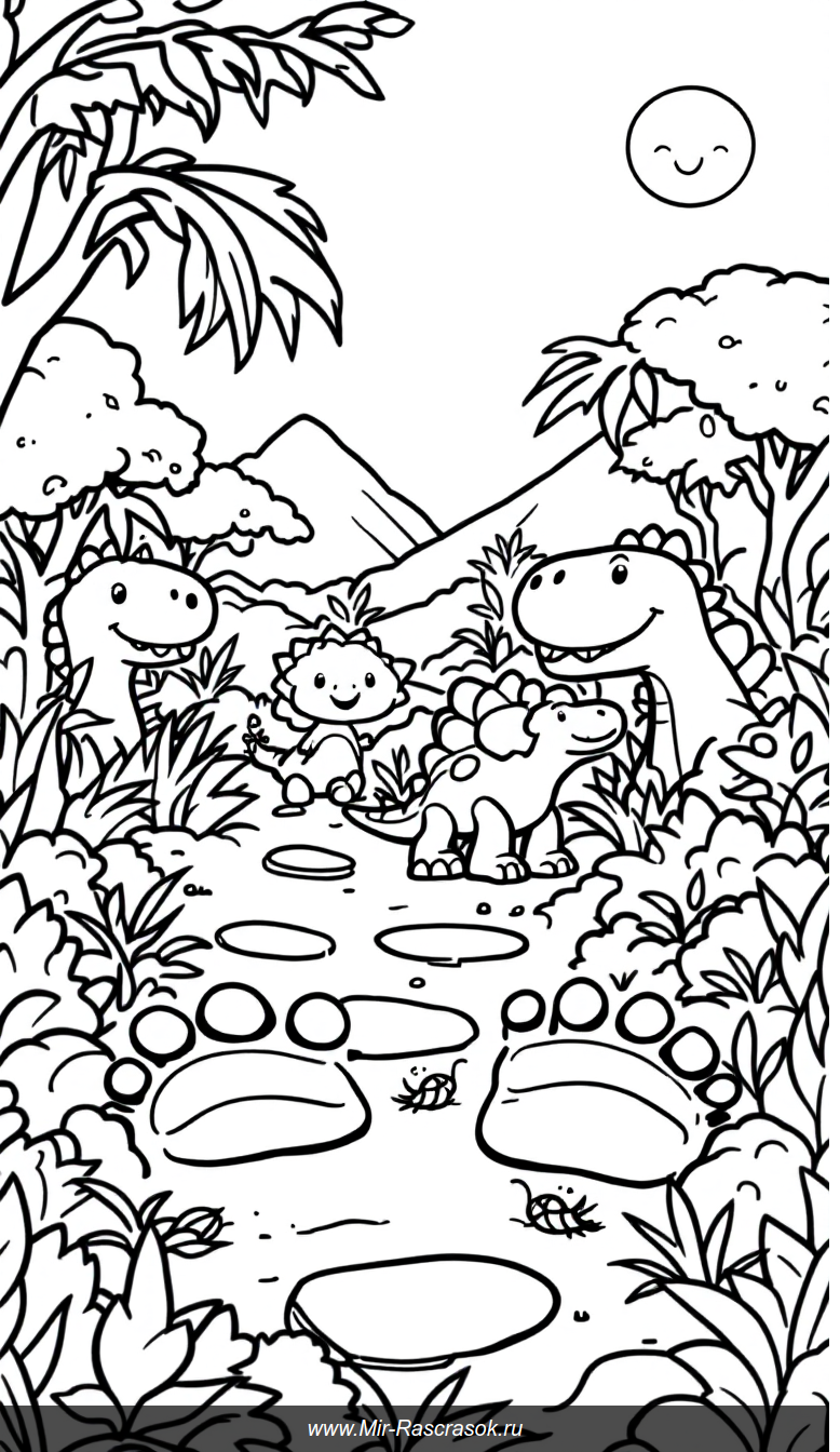 Веселые следы динозавров в доисторическом раскраске для детей