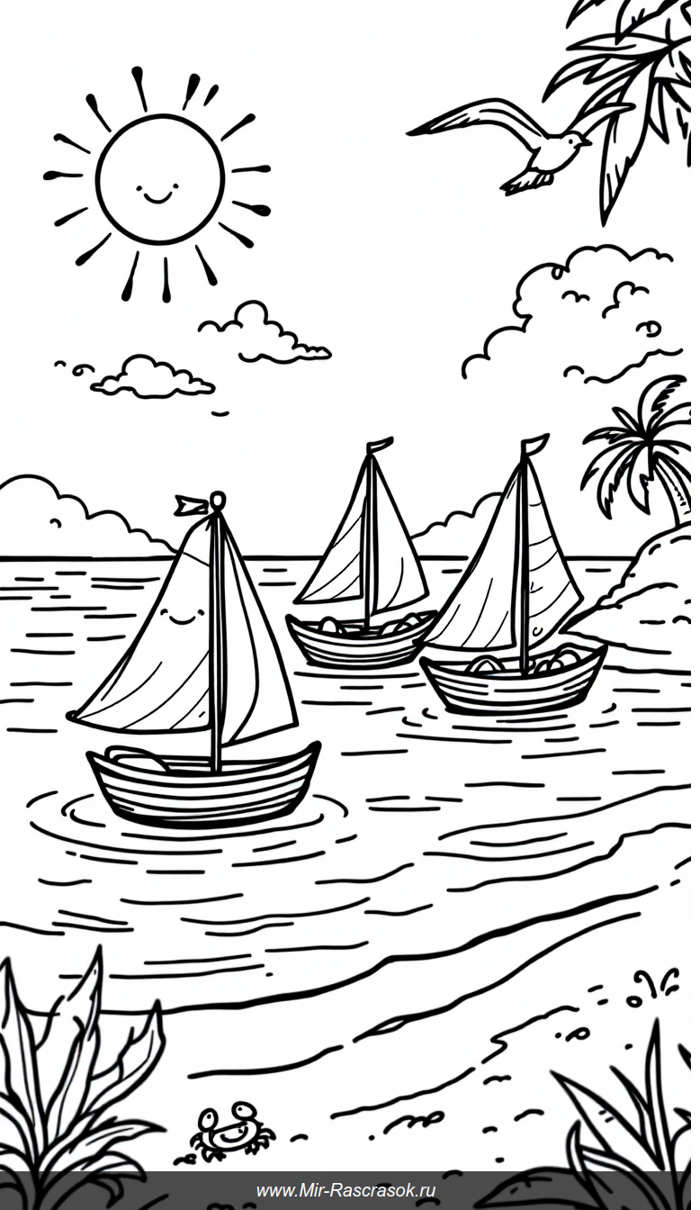 Раскраска с морским пейзажем и парусниками для детей