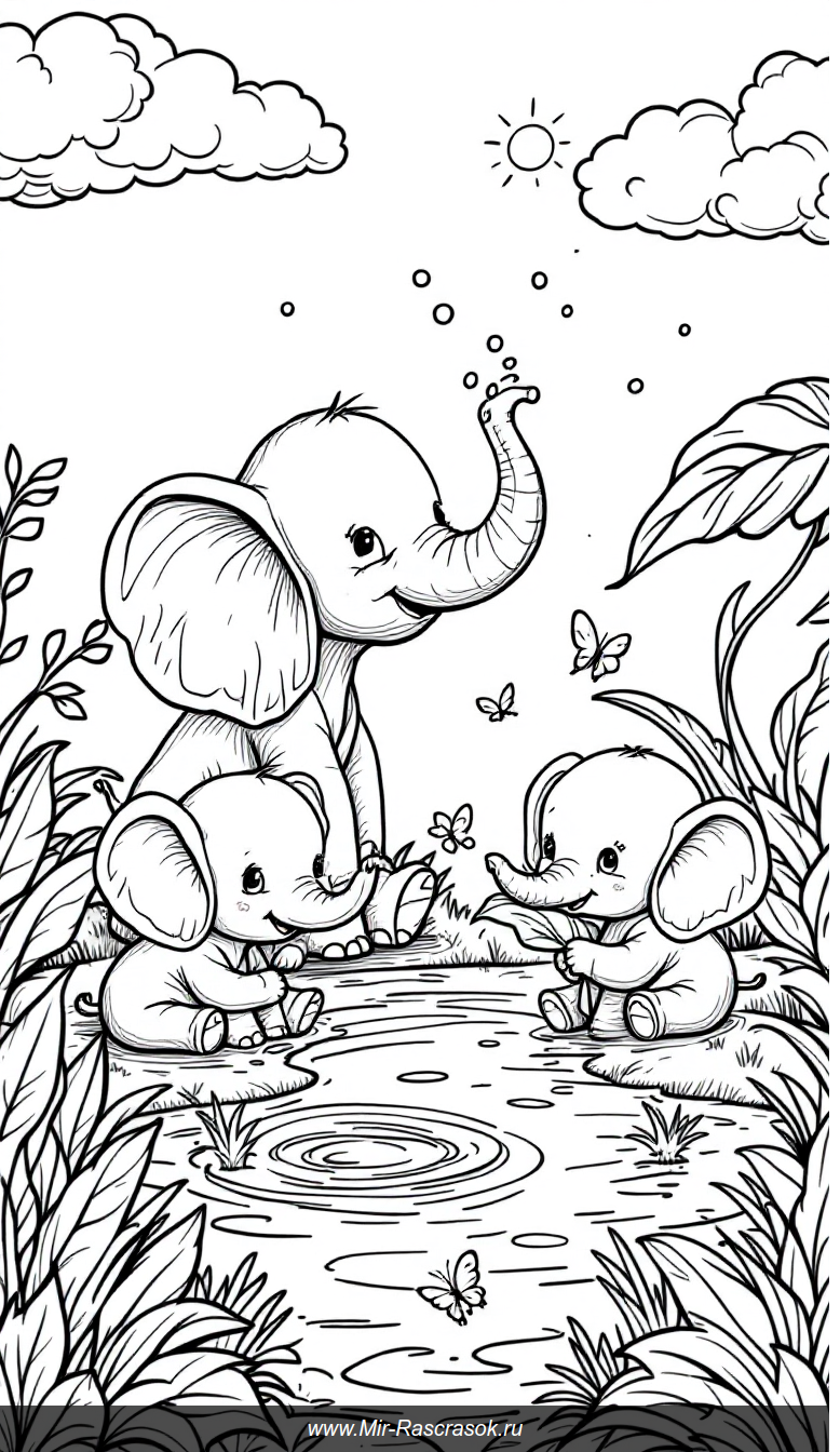 Игровой день с тремя малышами-слонятами в джунглях для раскраски