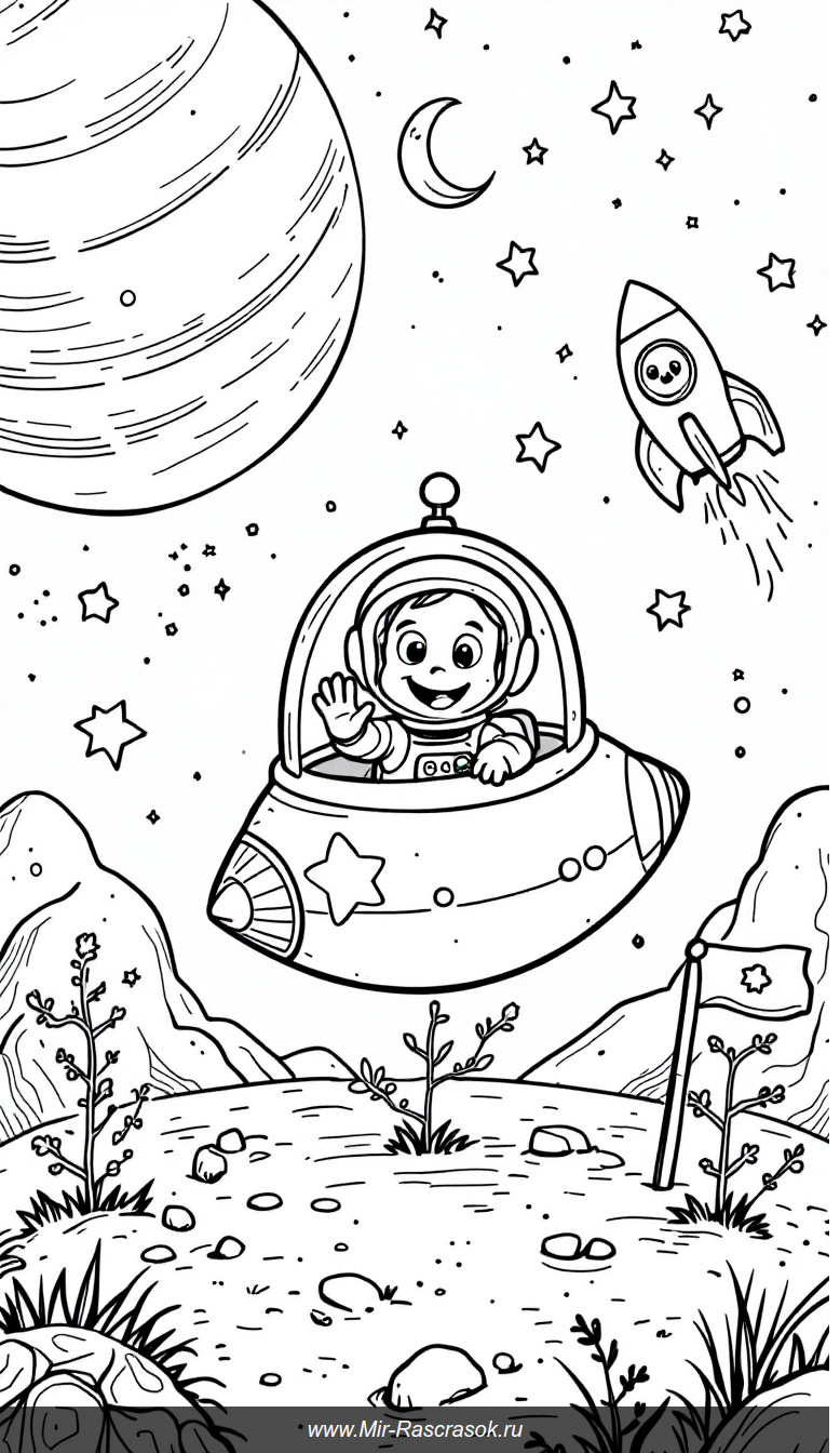 Дружелюбные космические приключения для весёлого детского раскрашивания