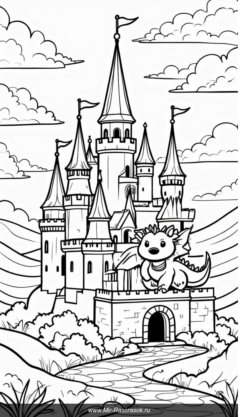 Волшебный замок с улыбающимися башнями и дружелюбным драконом