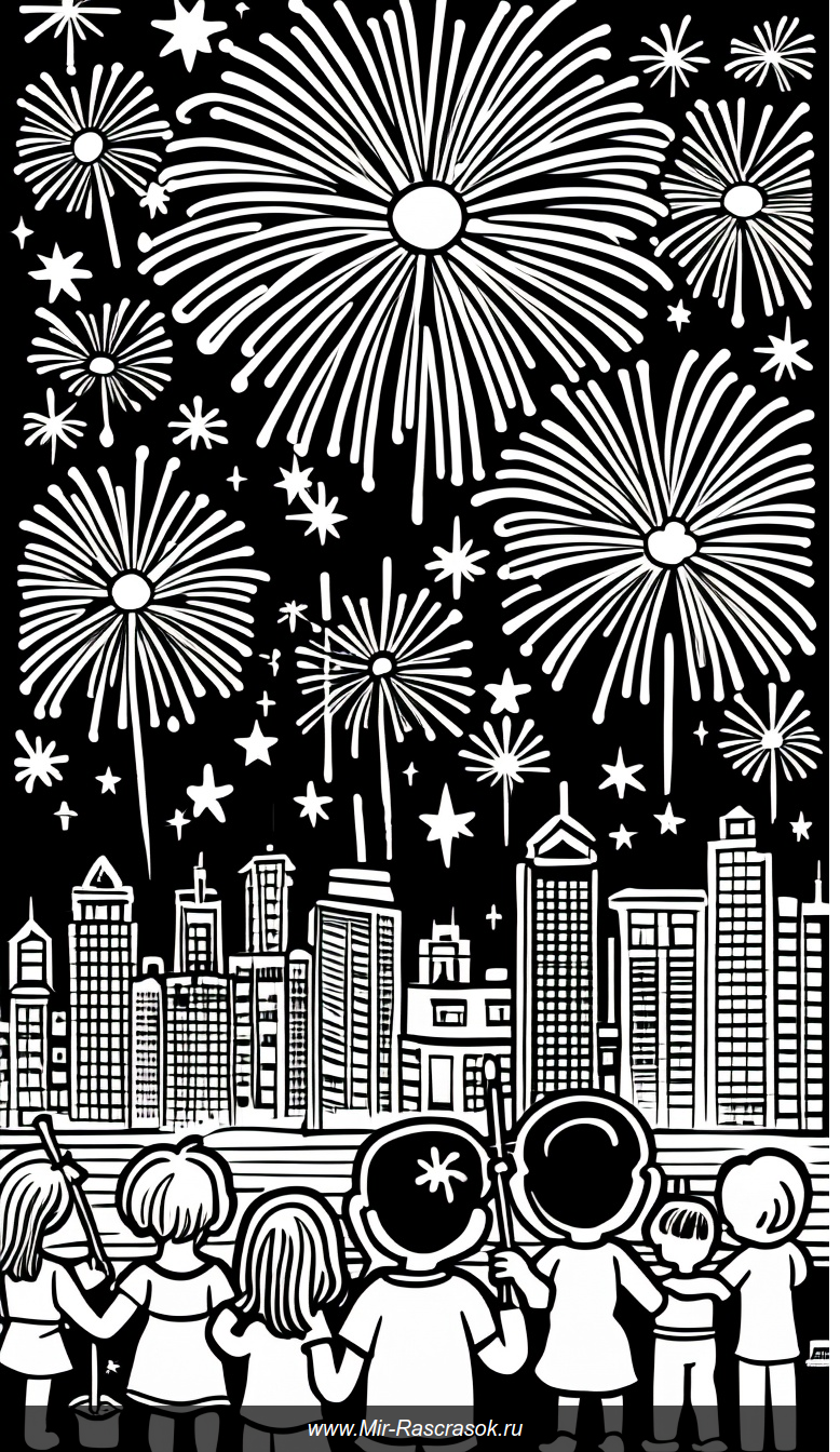 Раскраска с праздничным фейерверком и звездами над городом для творчества детей