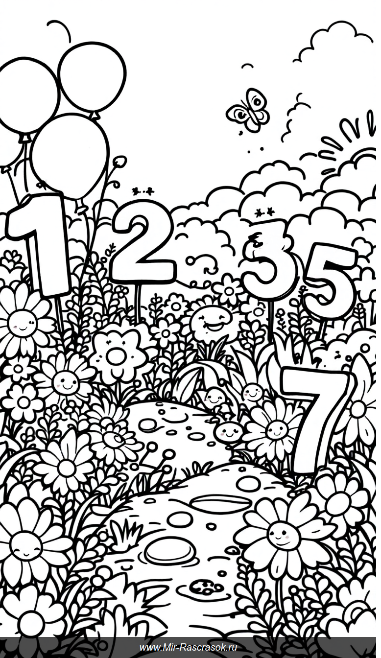 Веселая раскраска с играющими числами от одного до десяти в саду