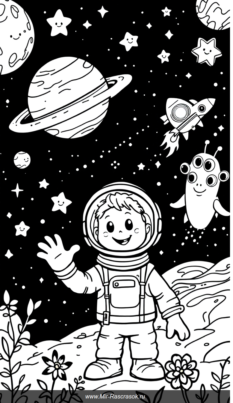 Дружелюбный космический мир для детской раскраски с астронавтом и инопланетянином