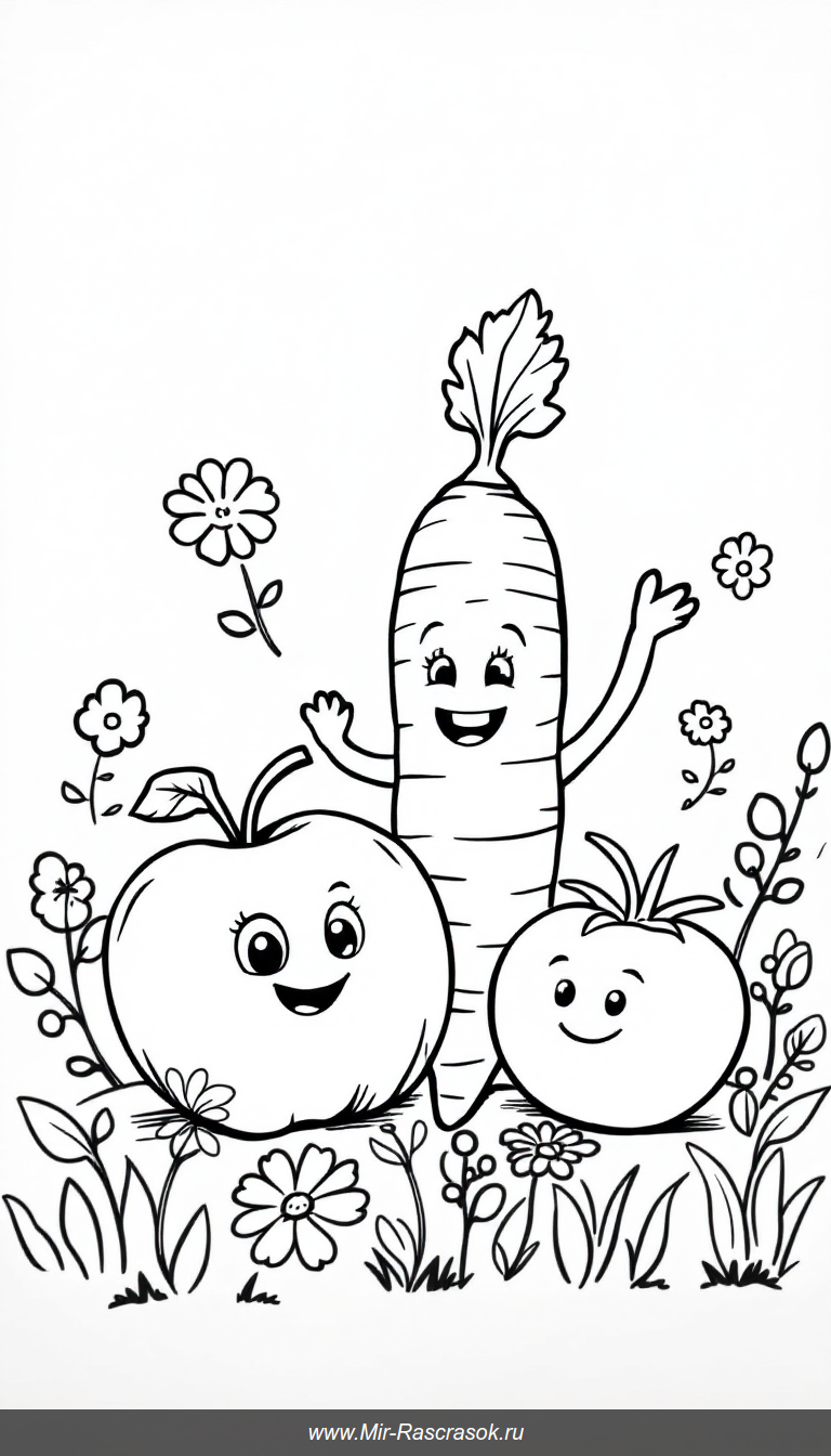 Веселые улыбающиеся фрукты и овощи готовы к раскрашиванию🎨🍎🥕Этот простой черно-белый рисунок идеально подходит для детей👧🧒Развивайте творческие навыки ребенка и познакомьте его с полезными продуктами в увлекательной форме🌟