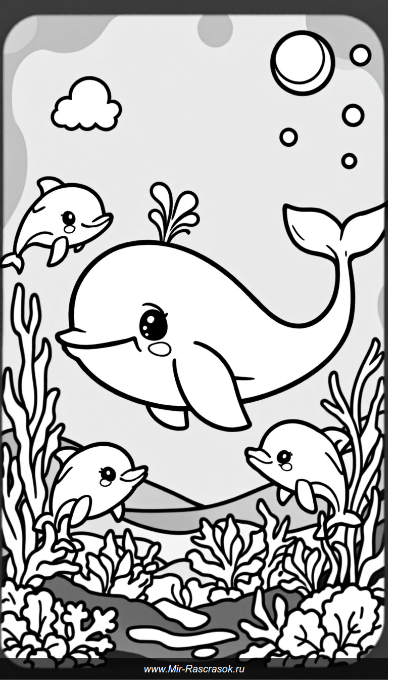 Весёлый подводный мир с дельфинами и китами для детской раскраски