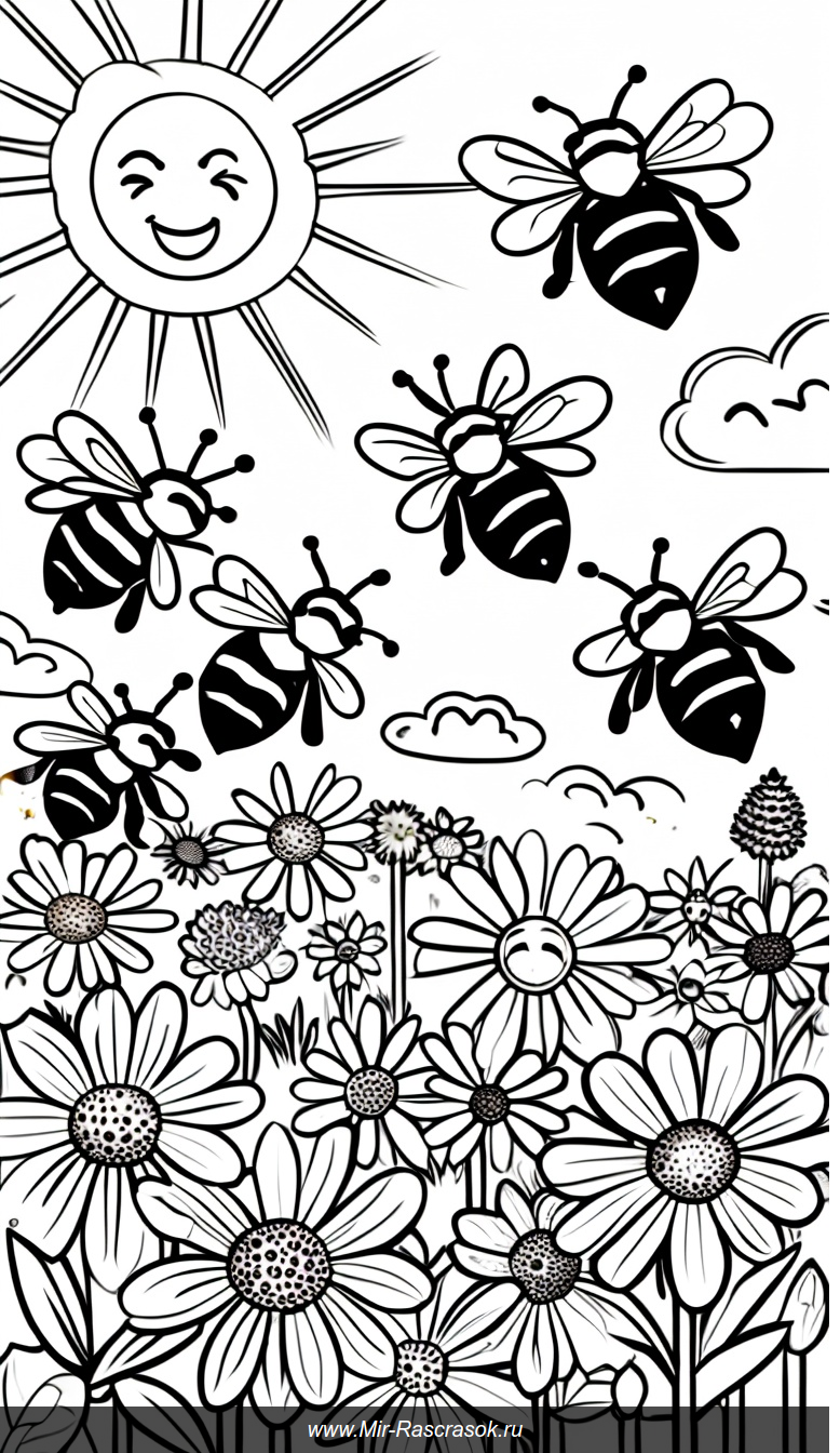 Раскраска с радостными пчелами в цветущем саду под улыбающимися облаками