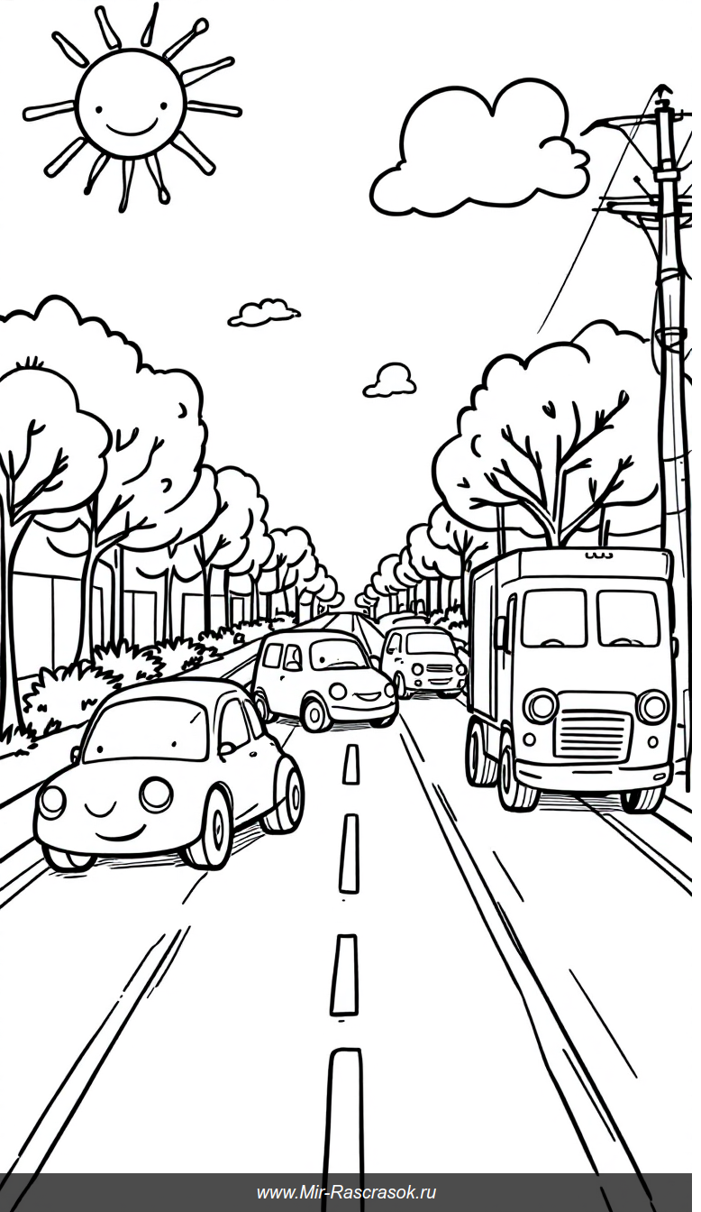 Дружелюбная городская улица с простыми машинами для детской раскраски