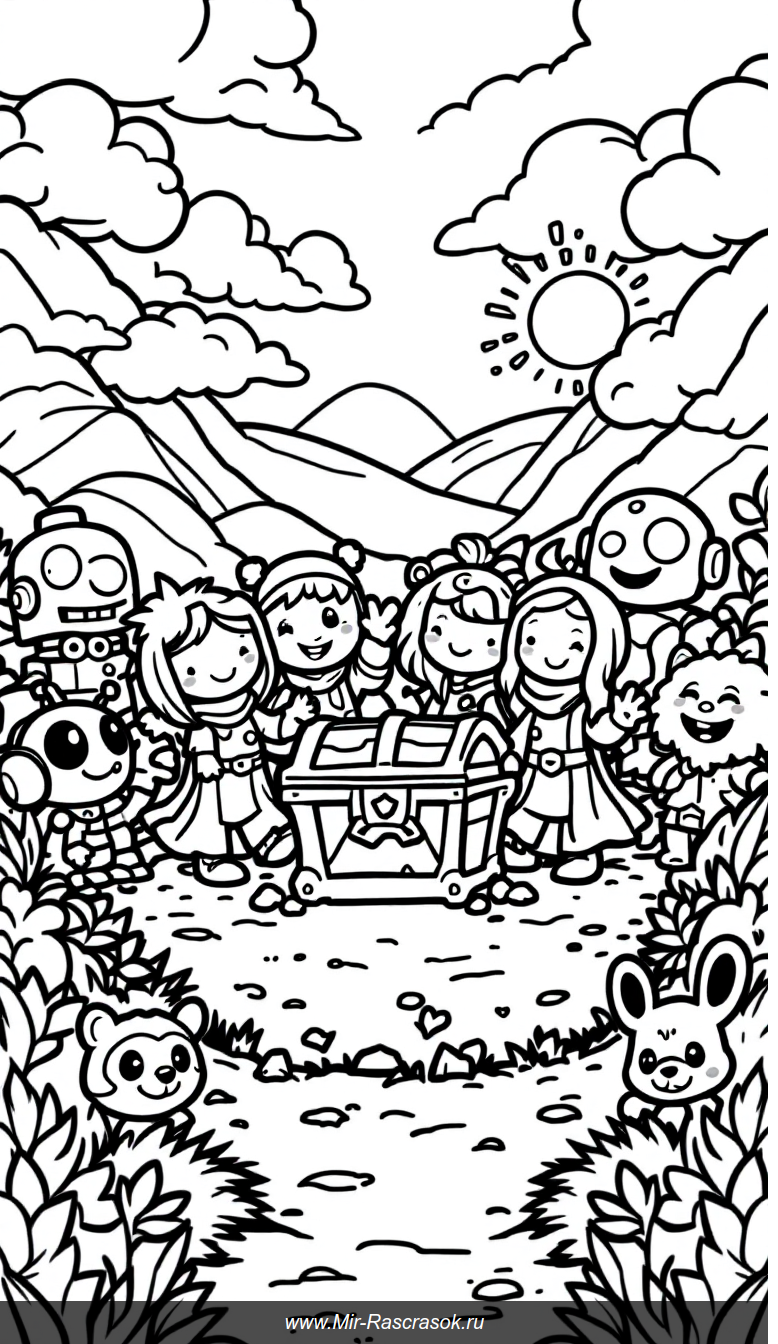 Веселая раскраска с игровыми героями и сокровищами в ярком парке