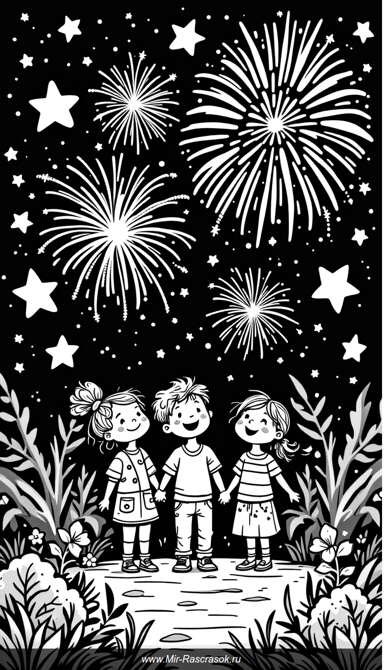 Весёлая ночь с фейерверками и детьми для раскрашивания