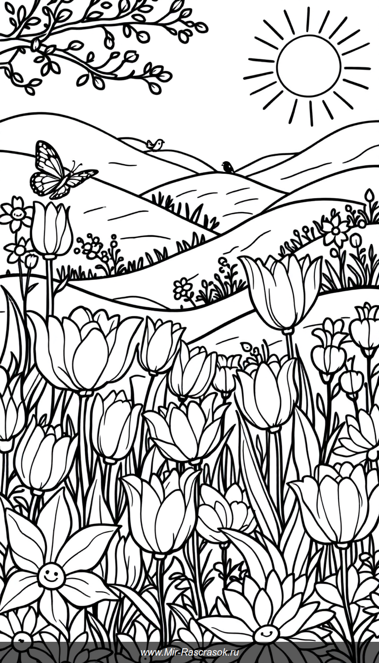 Весенние цветы для детской раскраски