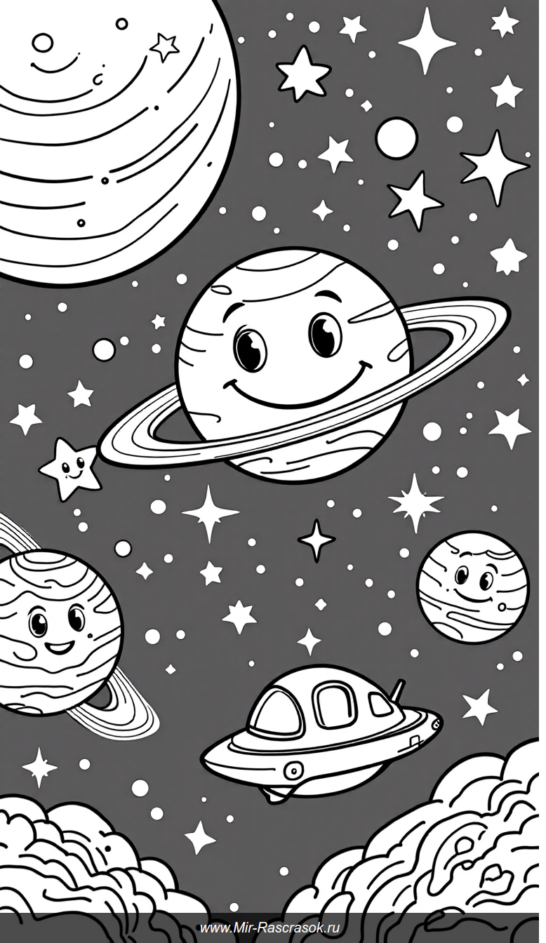 Дружелюбная космическая раскраска с улыбчивыми планетами и звездочками