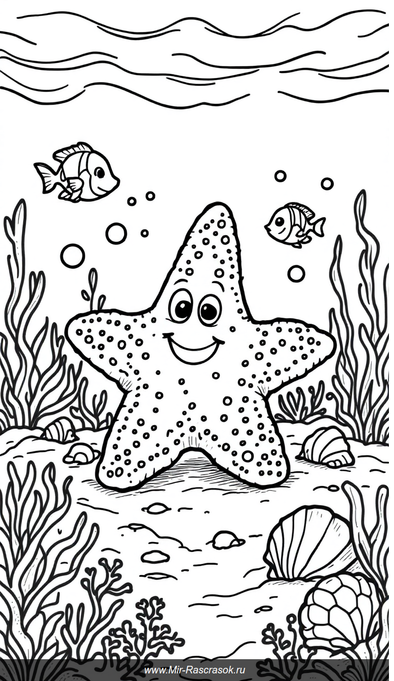 Веселая морская раскраска с улыбающейся морской звездой и ракушками