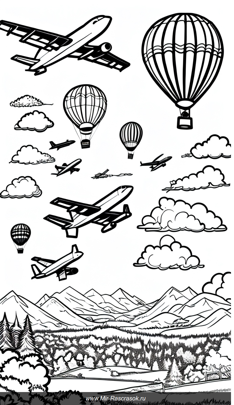 Увлекательный раскрасочный мир самолетов воздушных шаров и гор