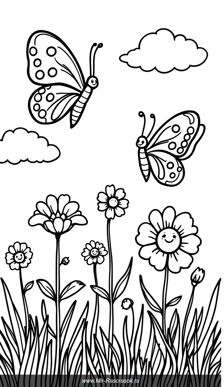 Раскраска для детей веселые бабочки над цветочным полем