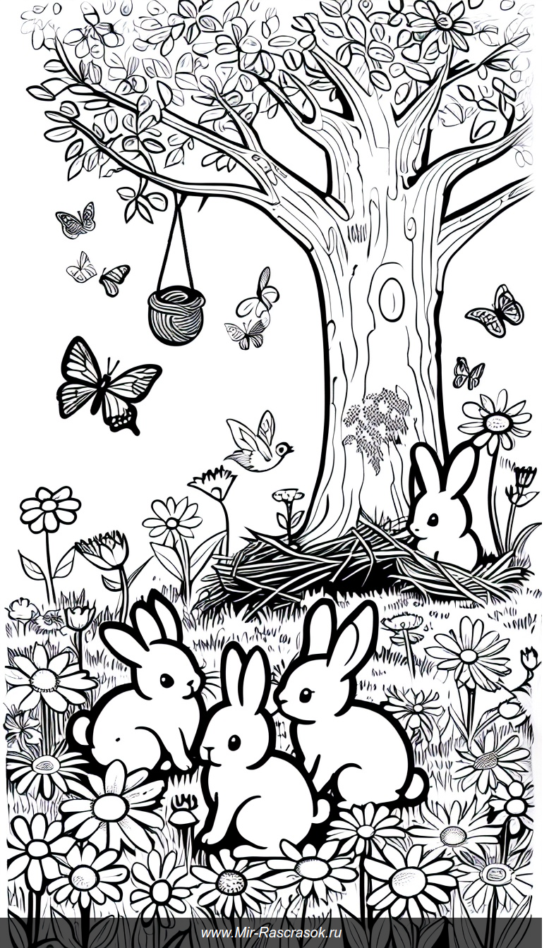 Раскраска милые кролики в цветущем лугу с бабочками и птичьим гнездом