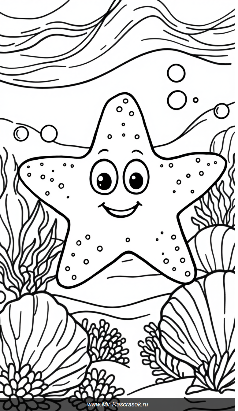 Веселая морская звезда и простые ракушки для детской раскраски