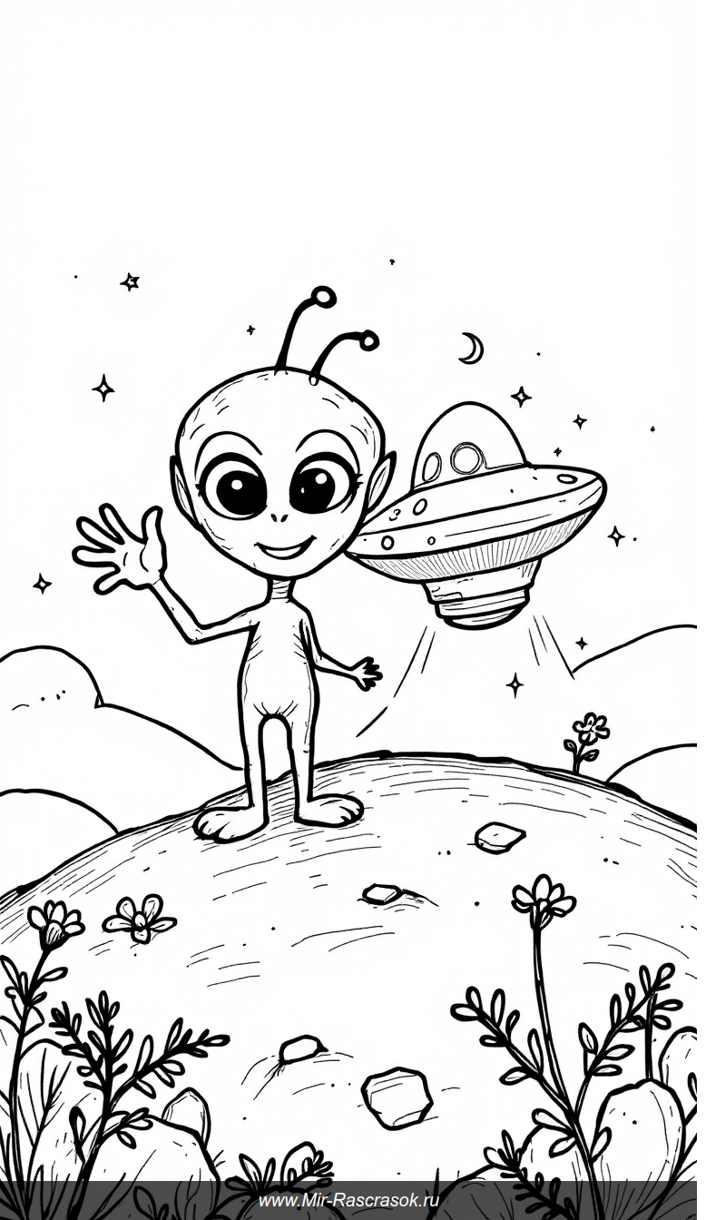 Весёлый пришелец и его НЛО на холме раскраска для детей