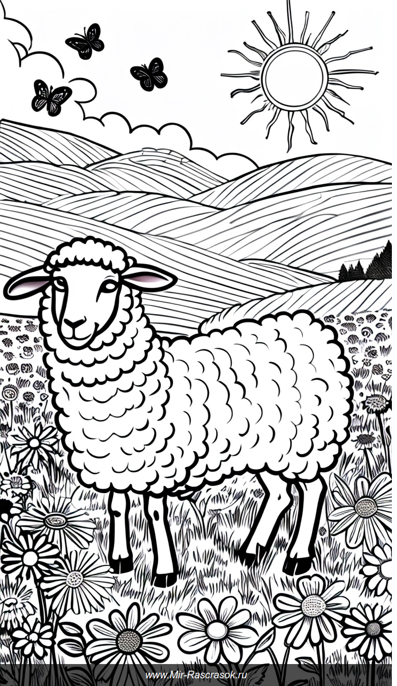 Раскраска с пушистым барашком на лугу среди цветов и бабочек