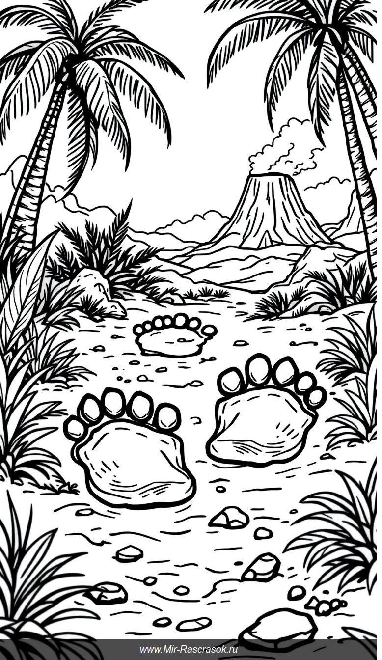 Раскраска с отпечатками динозавра и доисторической природой