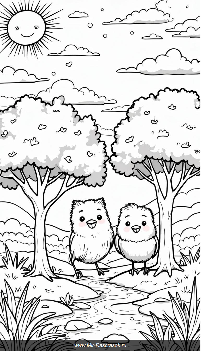 Деревья-друзья и радостное солнце в раскраске для вдохновения