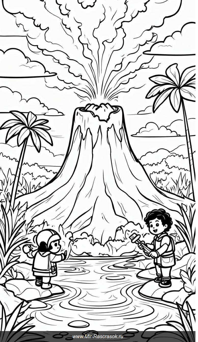 Раскраска: Вулкан с радужной лавой и исследователями