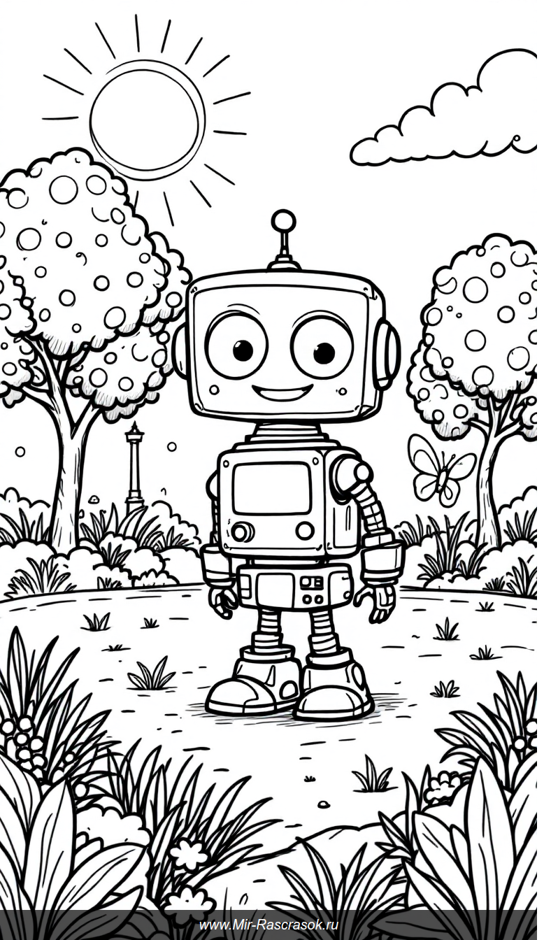 Дружелюбный робот в солнечном парке для детской раскраски