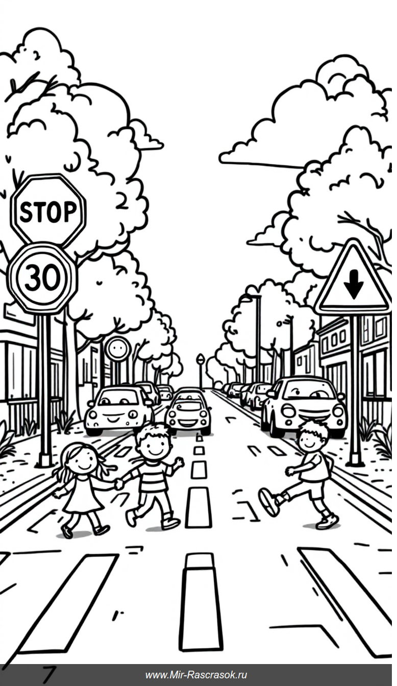 Раскраска для детей безопасный городской переход и веселые дорожные знаки